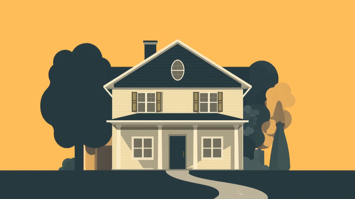 Dessin d'une maison sur fond beige.